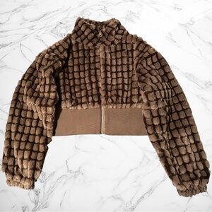 Faux Fur Embossed Textured Grid Cropped Bomber Jacket size 1XL